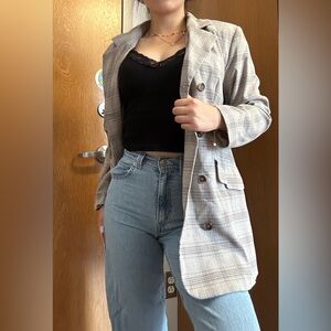 H&M Women's Light Gray Plaid Longline Blazer